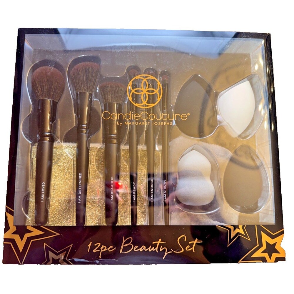 Candie Couture 12pc Makeup Brush & Beauty Sponge Set,Black & Gold, Gift Set, New